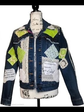 Embellished Dark Wash Denim SCRIPTURE Jacket with Lime Patchwork